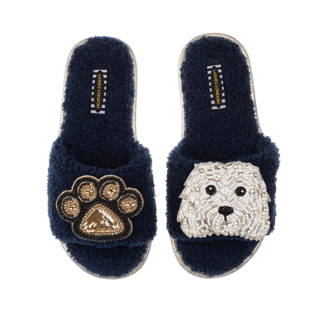 Women's Blue Teddy Towelling Slipper Sliders With Queenie & Paw Brooch - Navy Small LAINES LONDON