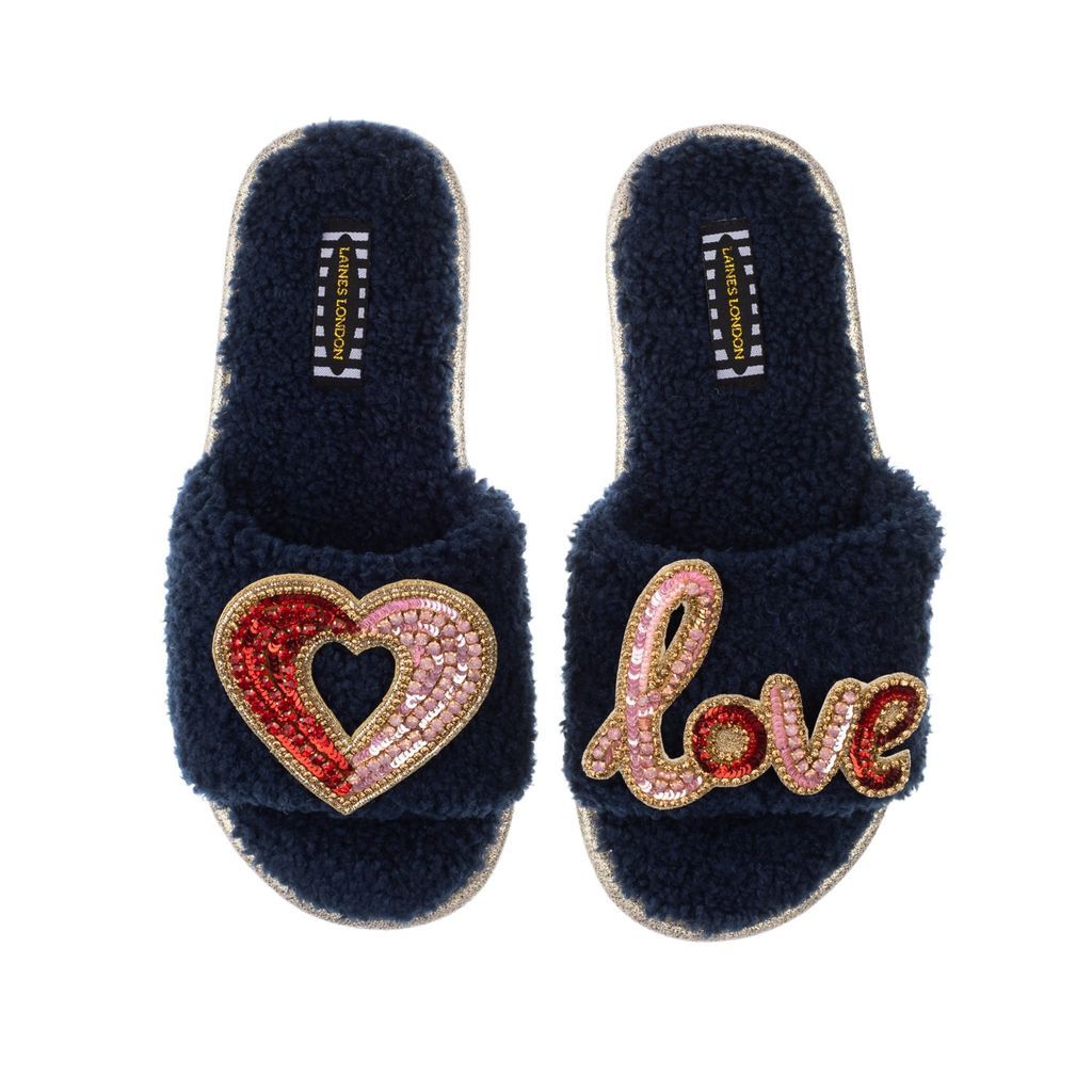 Women's Blue Teddy Towelling Slipper Sliders With Red & Pink Love & Heart Brooches - Navy Small LAINES LONDON