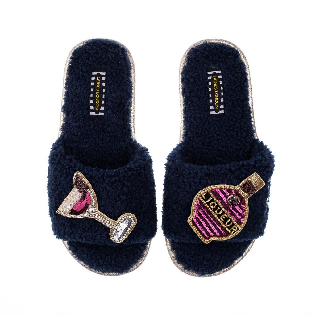 Women's Blue Teddy Towelling Slipper Sliders With Raspberry Liqueur Brooches - Navy Small LAINES LONDON