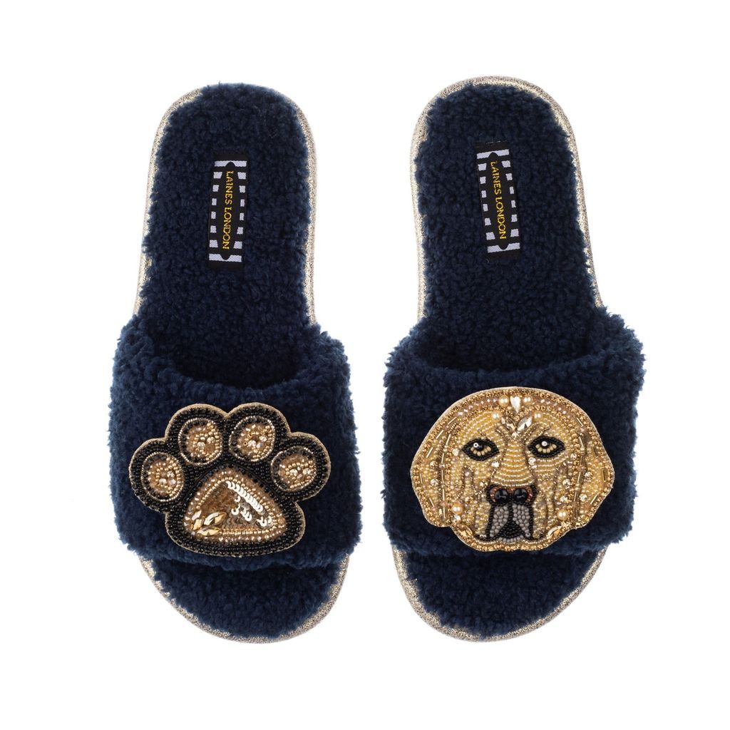 Women's Blue Teddy Towelling Slipper Sliders With Skip & Paw Brooch - Navy Small LAINES LONDON