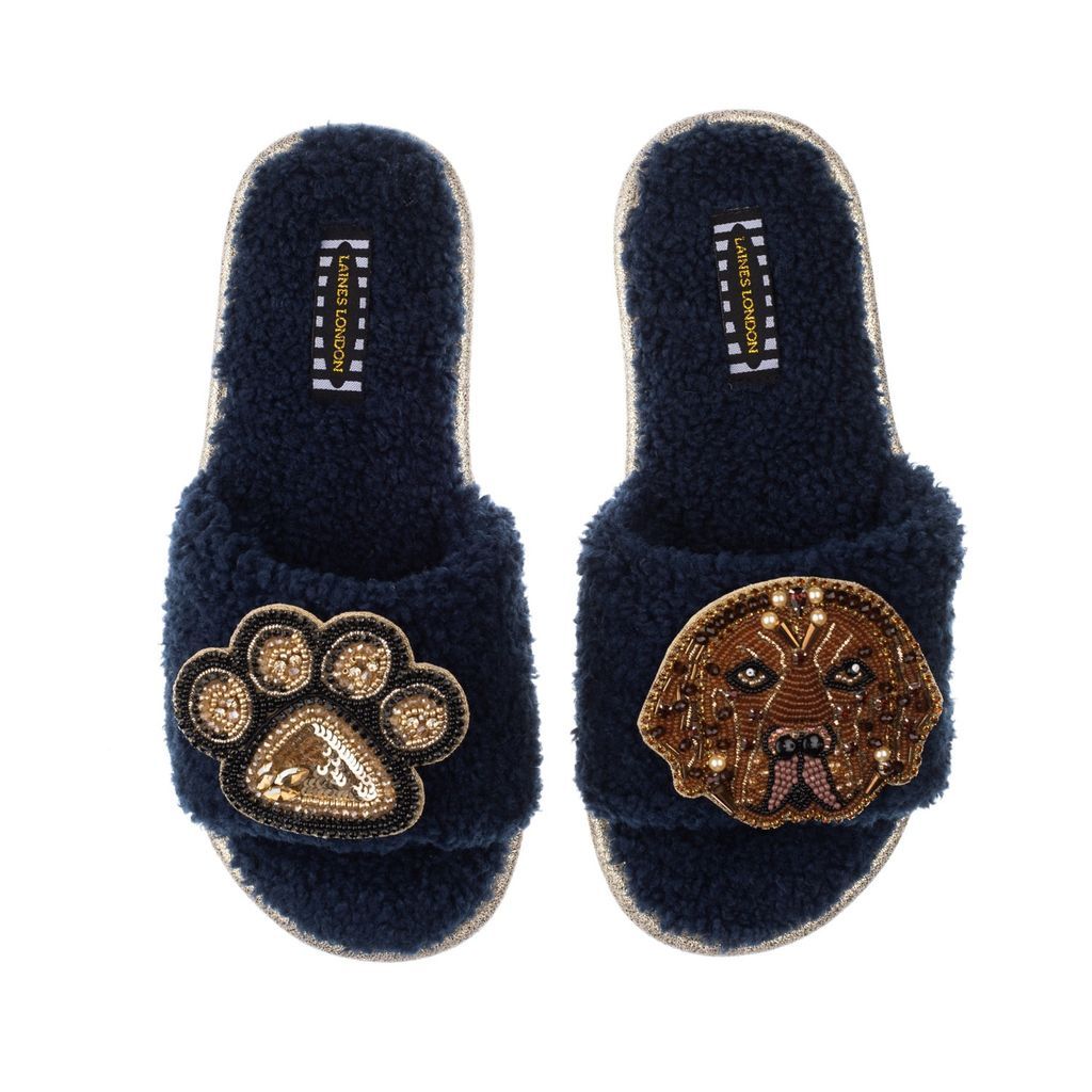 Women's Blue Teddy Towelling Slipper Sliders With Rocco & Paw Brooch - Navy Small LAINES LONDON