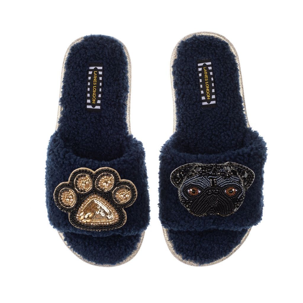 Women's Blue Teddy Towelling Slipper Sliders With Snoopy & Paw Brooch - Navy Small LAINES LONDON