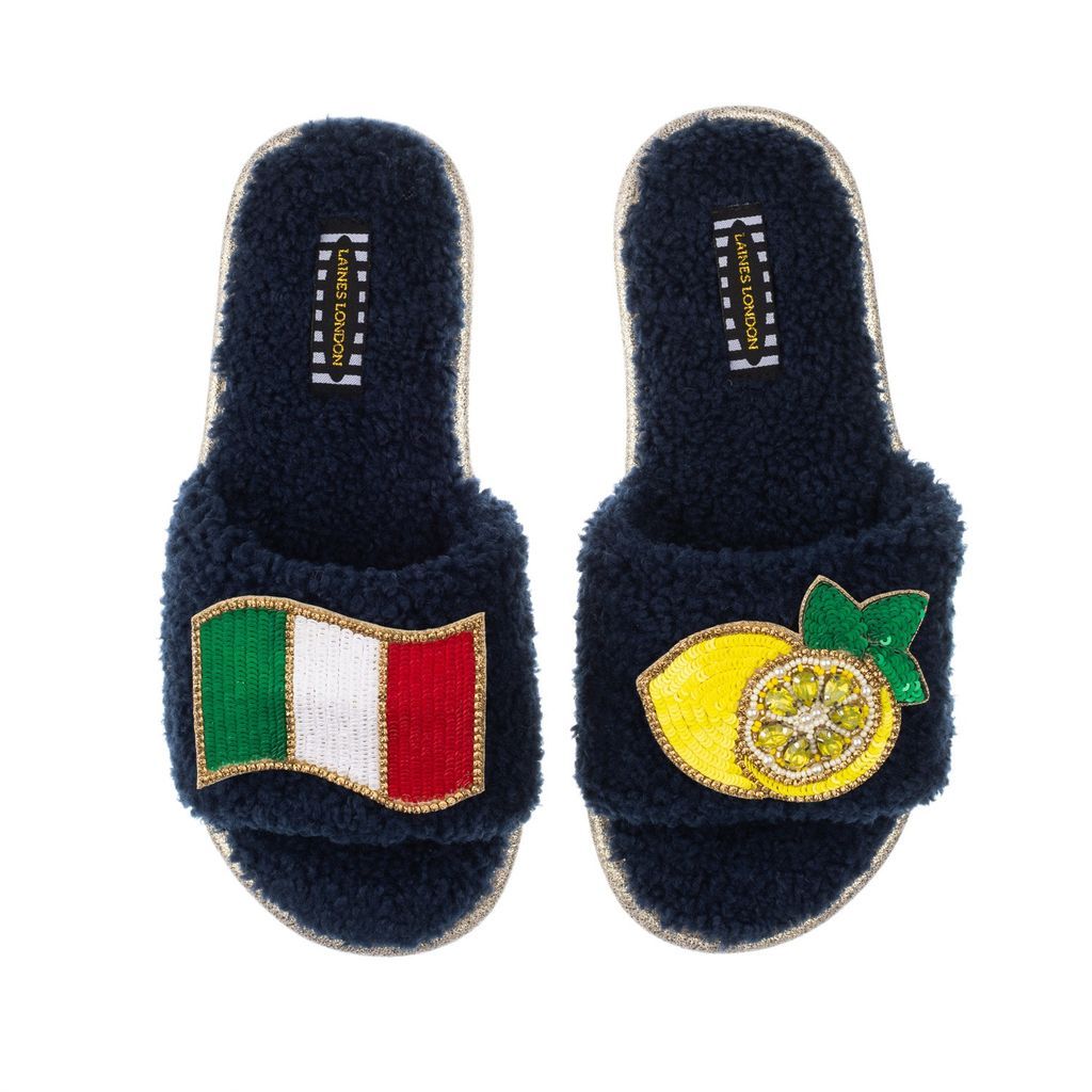 Women's Blue Teddy Towelling Slipper Sliders With The Amalfi Brooches - Navy Small LAINES LONDON