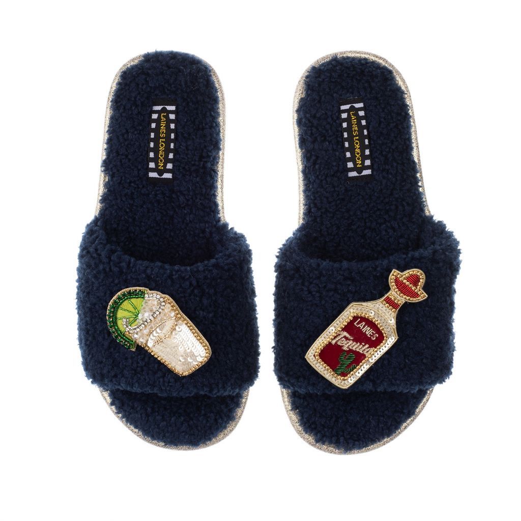 Women's Blue Teddy Towelling Slipper Sliders With Tequila Slammer Brooches - Navy Small LAINES LONDON