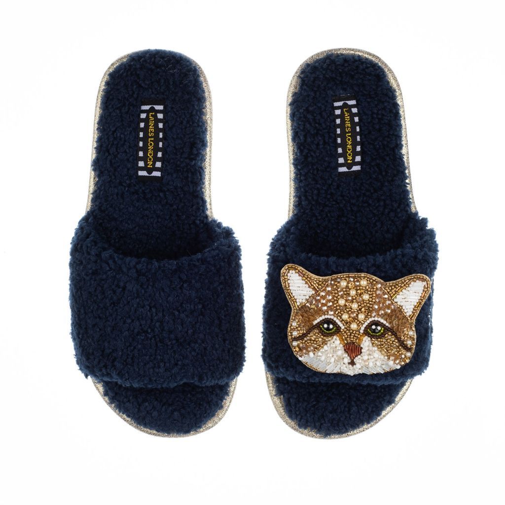 Women's Blue Teddy Towelling Slipper Sliders With Tom Cat Brooch - Navy Small LAINES LONDON