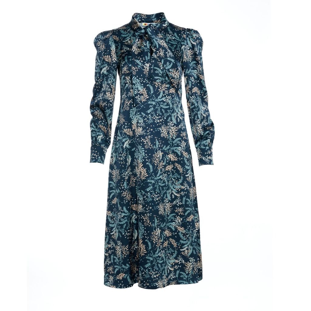 Women's Blue Tie Collar Floral Print Dress In Viscose Extra Small Colors Of Papaya