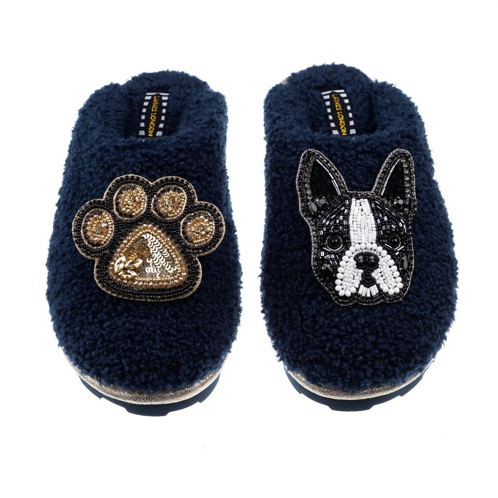 Women's Blue Towelling Closed Toe Slippers With Buddy Boston Terrier & Paw Brooches - Navy Small LAINES LONDON
