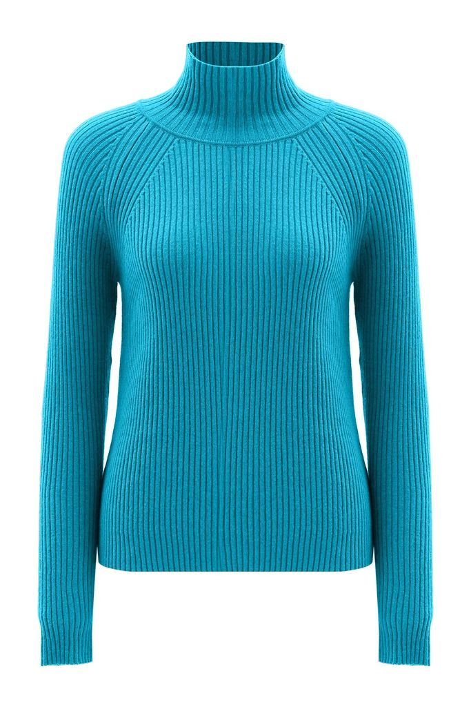 Women's Blue Turtle Neck Cashmere Mix Ribbed Pullover Turquoise Small Peraluna