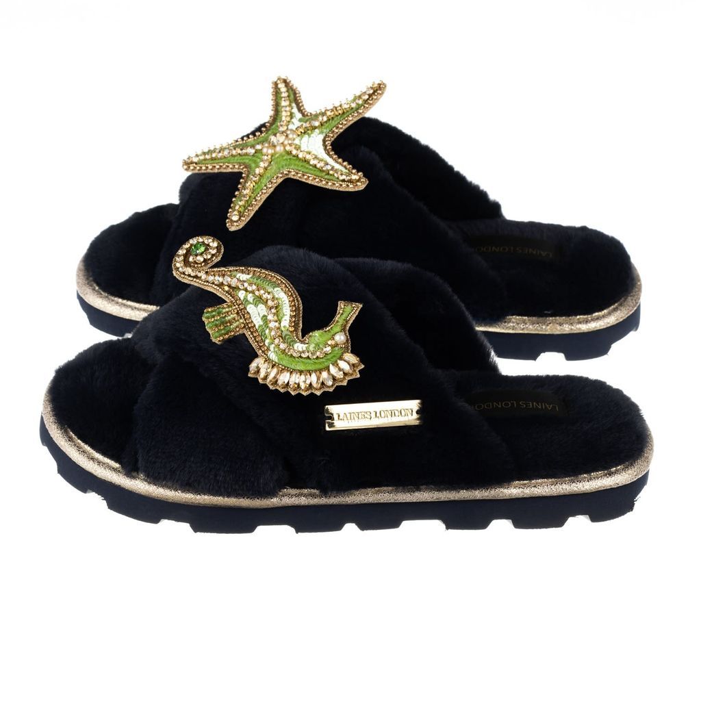 Women's Blue Ultralight Chic Laines Slipper Sliders With Green & Gold Seahorse & Starfish - Navy Large LAINES LONDON