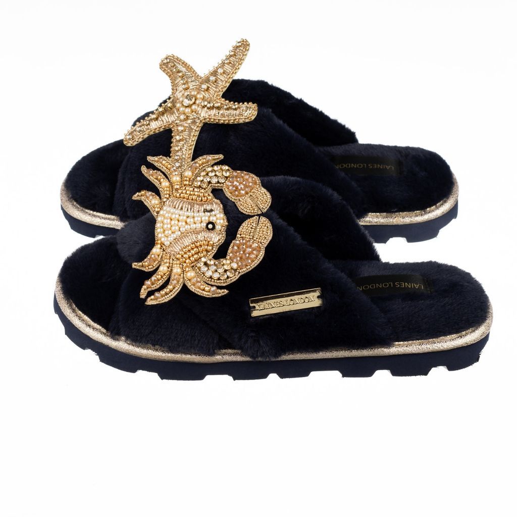 Women's Blue Ultralight Chic Slipper Sliders With Artisan Gold Crab & Starfish Brooches - Navy Large LAINES LONDON
