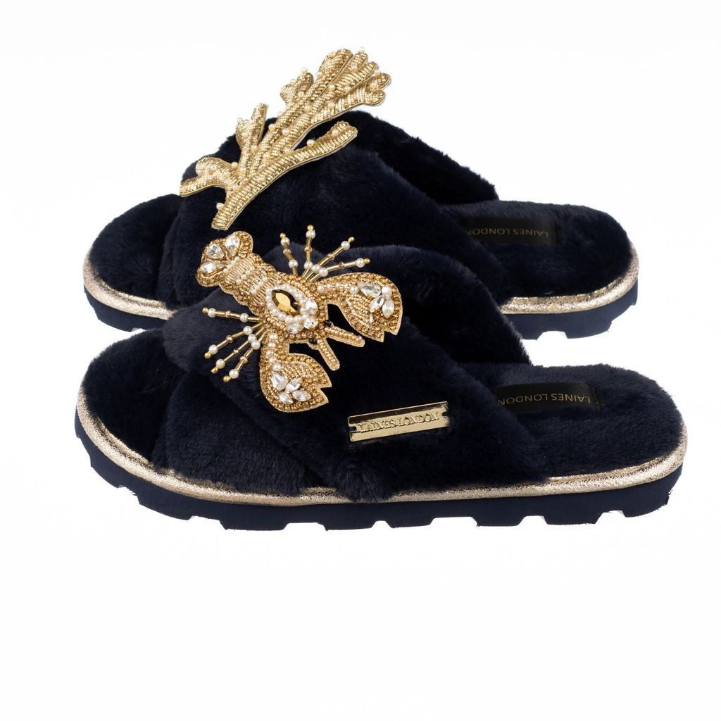 Women's Blue Ultralight Chic Slipper Sliders With Gold Lobster & Coral Brooches - Navy Large LAINES LONDON