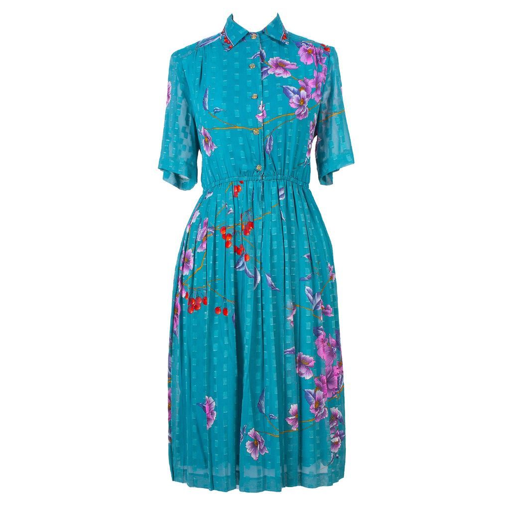 Women's Blue Vintage Chiffon Dress With Purple Flower Detail Extra Small Sugar Cream Vintage