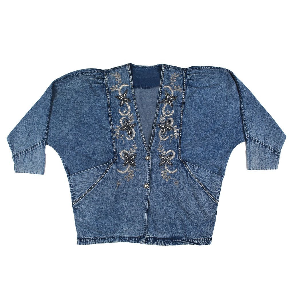 Women's Blue Vintage Embroidered Denim Jacket With Details L/Xl Sugar Cream Vintage