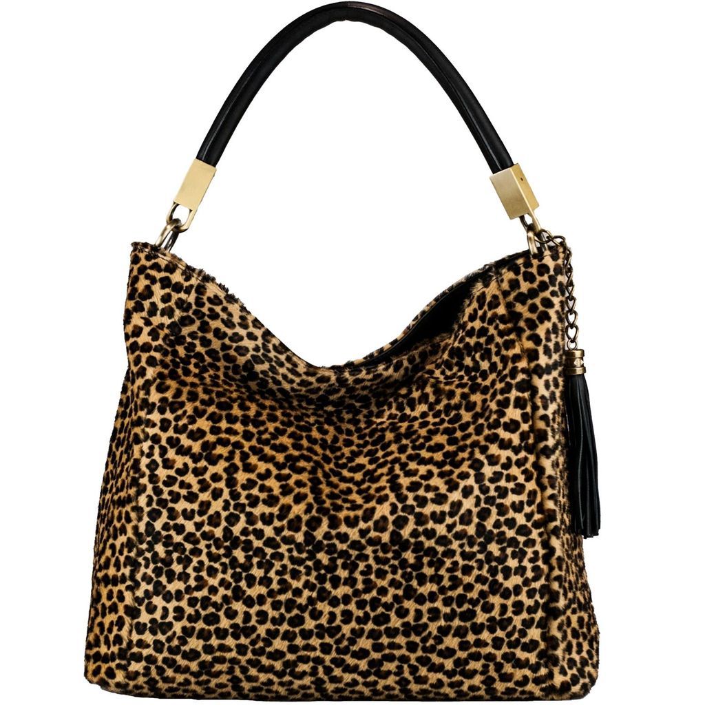 Women's Brown Cheetah Print Calf Hair Leather Tassel Grab Bag Bibrb Sostter