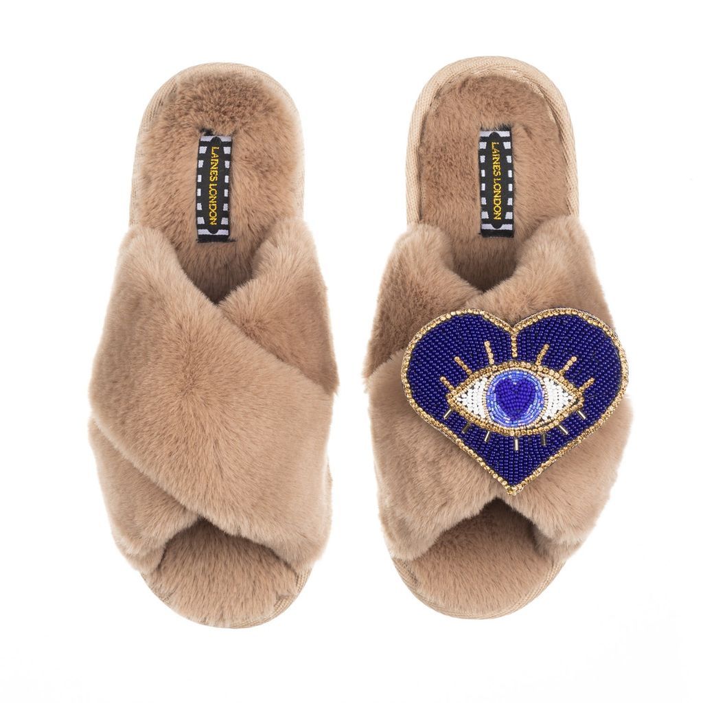 Women's Brown Classic Laines Slippers With Artisan Blue Heart Eye Brooch - Toffee Large LAINES LONDON