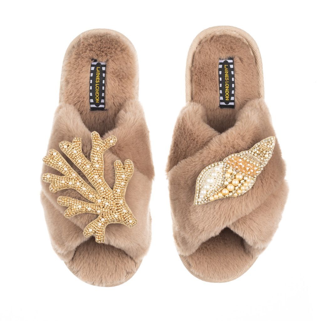 Women's Brown Classic Laines Slippers With Artisan Gold & Pearl Cone Shell & Coral Brooches - Toffee Large LAINES LONDON