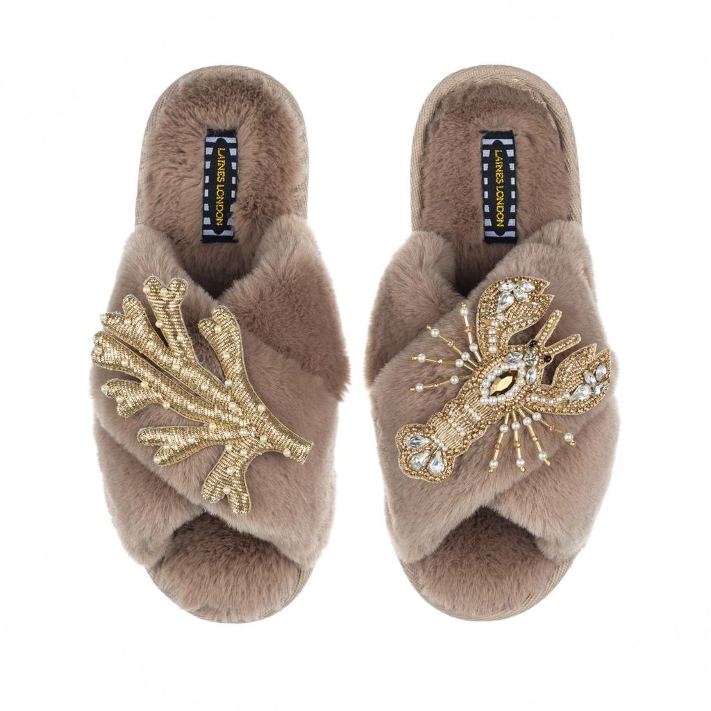 Women's Brown Classic Laines Slippers With Artisan Gold Coral & Lobster Brooches -Toffee Large LAINES LONDON