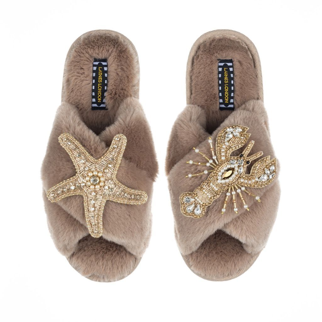 Women's Brown Classic Laines Slippers With Artisan Gold Starfish & Lobster Brooches - Toffee Large LAINES LONDON