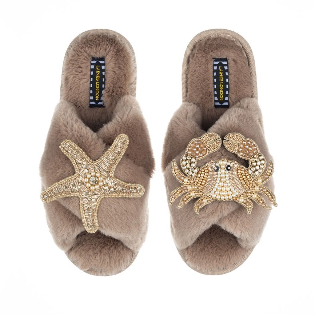Women's Brown Classic Laines Slippers With Artisan Gold Starfish & Crab Brooches - Toffee Large LAINES LONDON