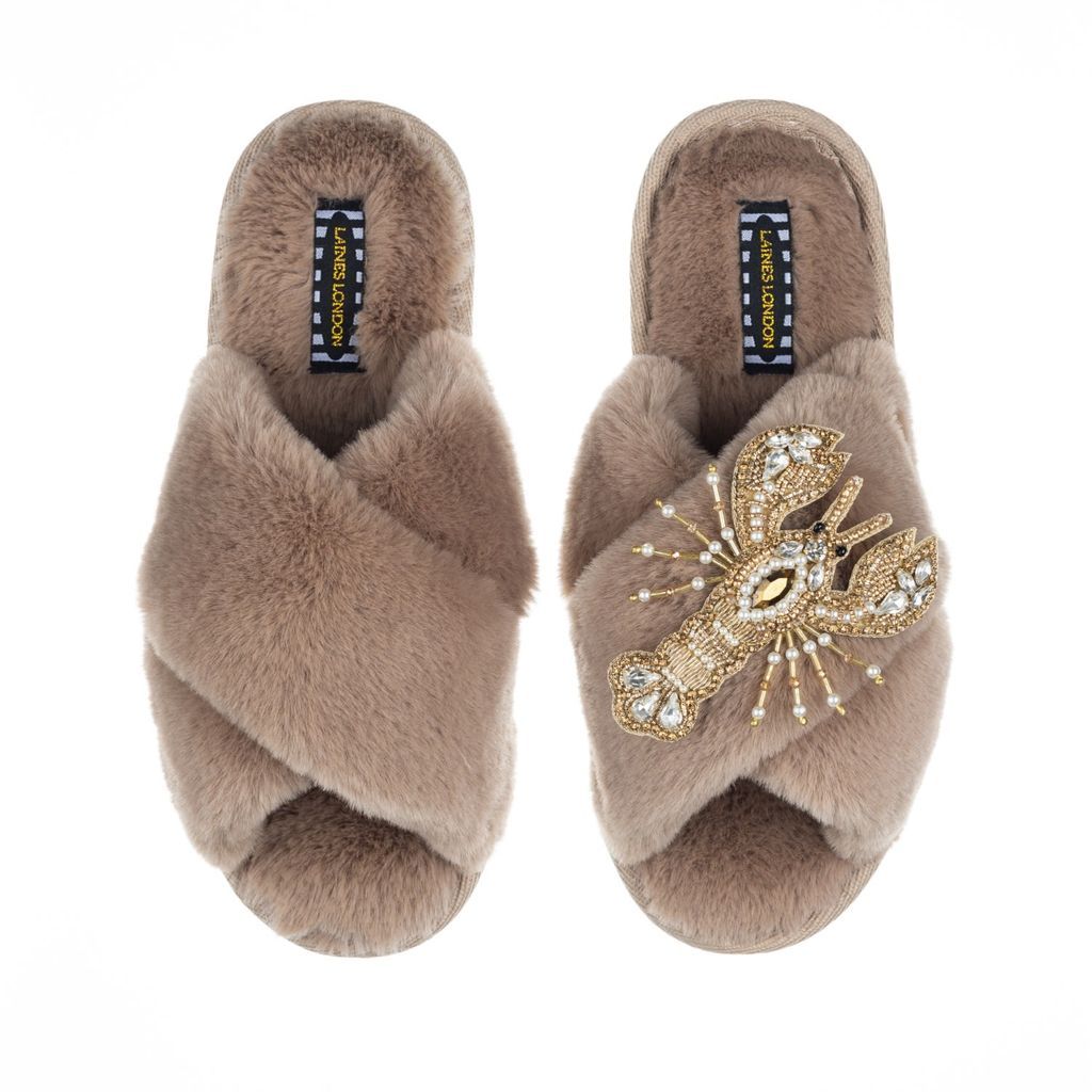 Women's Brown Classic Laines Slippers With Artisan Gold Lobster Brooch - Toffee Large LAINES LONDON