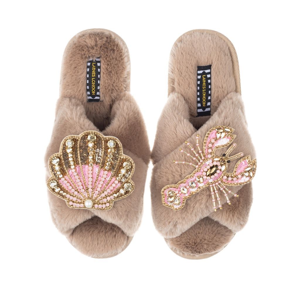 Women's Brown Classic Laines Slippers With Artisan Pink Lobster & Pink & Gold Shell - Toffee Large LAINES LONDON
