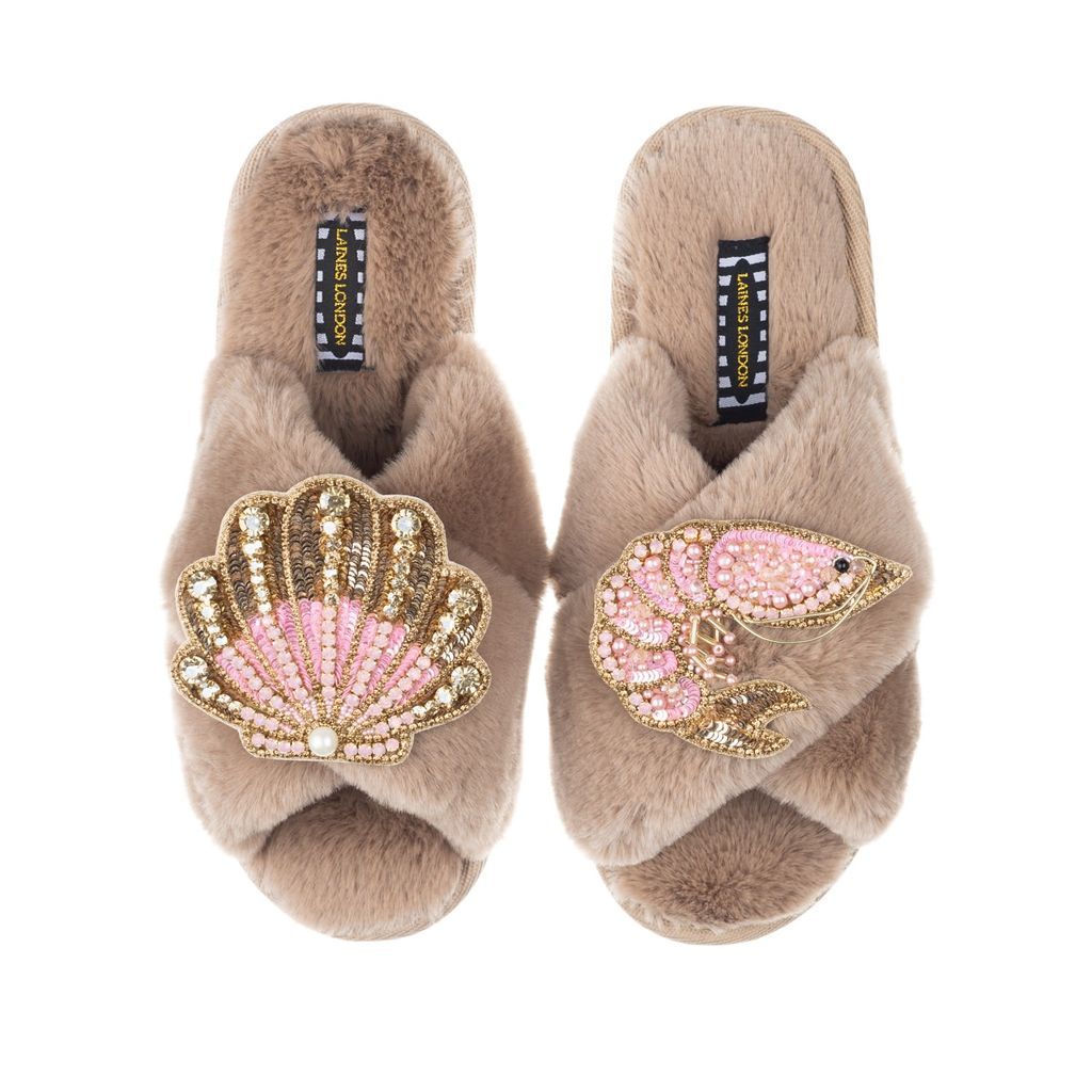 Women's Brown Classic Laines Slippers With Artisan Pink Prawn & Pink & Gold Shell - Toffee Large LAINES LONDON