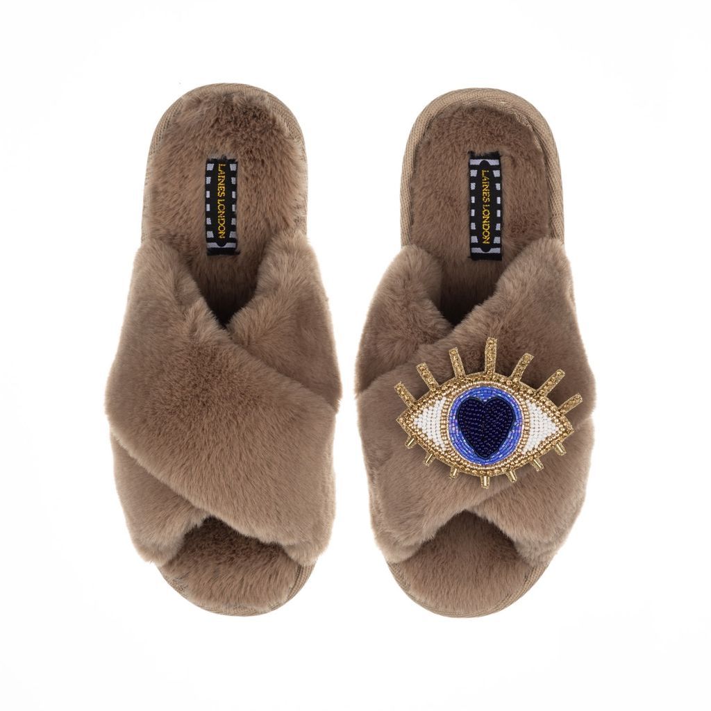 Women's Brown Classic Laines Slippers With Artisan Golden Blue Eye Brooch - Toffee Large LAINES LONDON