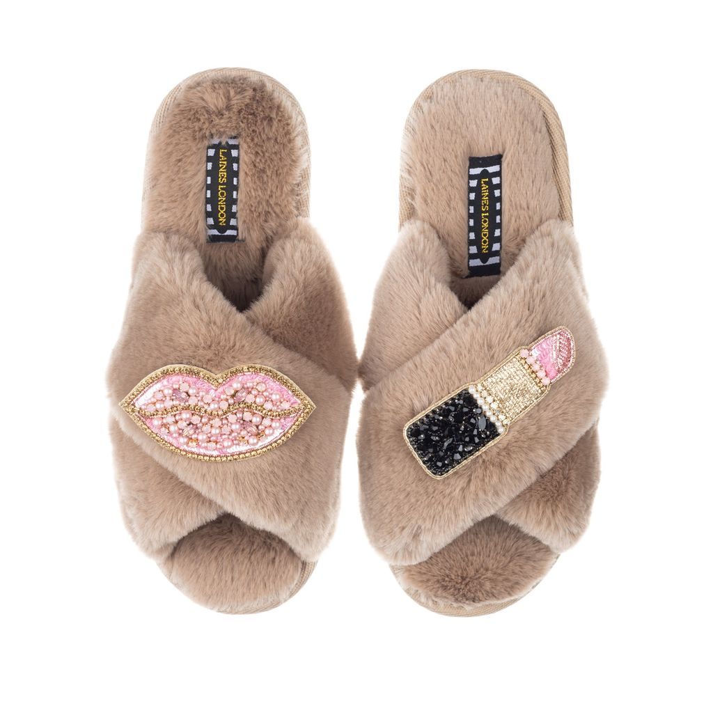 Women's Brown Classic Laines Slippers With Artisan Pink Pucker Up Brooches - Toffee Large LAINES LONDON
