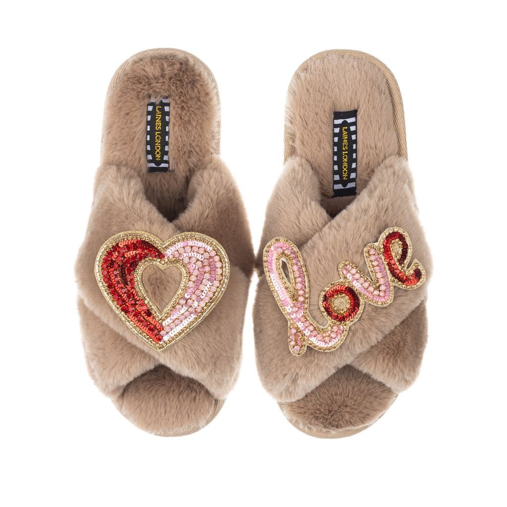 Women's Brown Classic Laines Slippers With Artisan Heart & Love Brooches - Toffee Large LAINES LONDON
