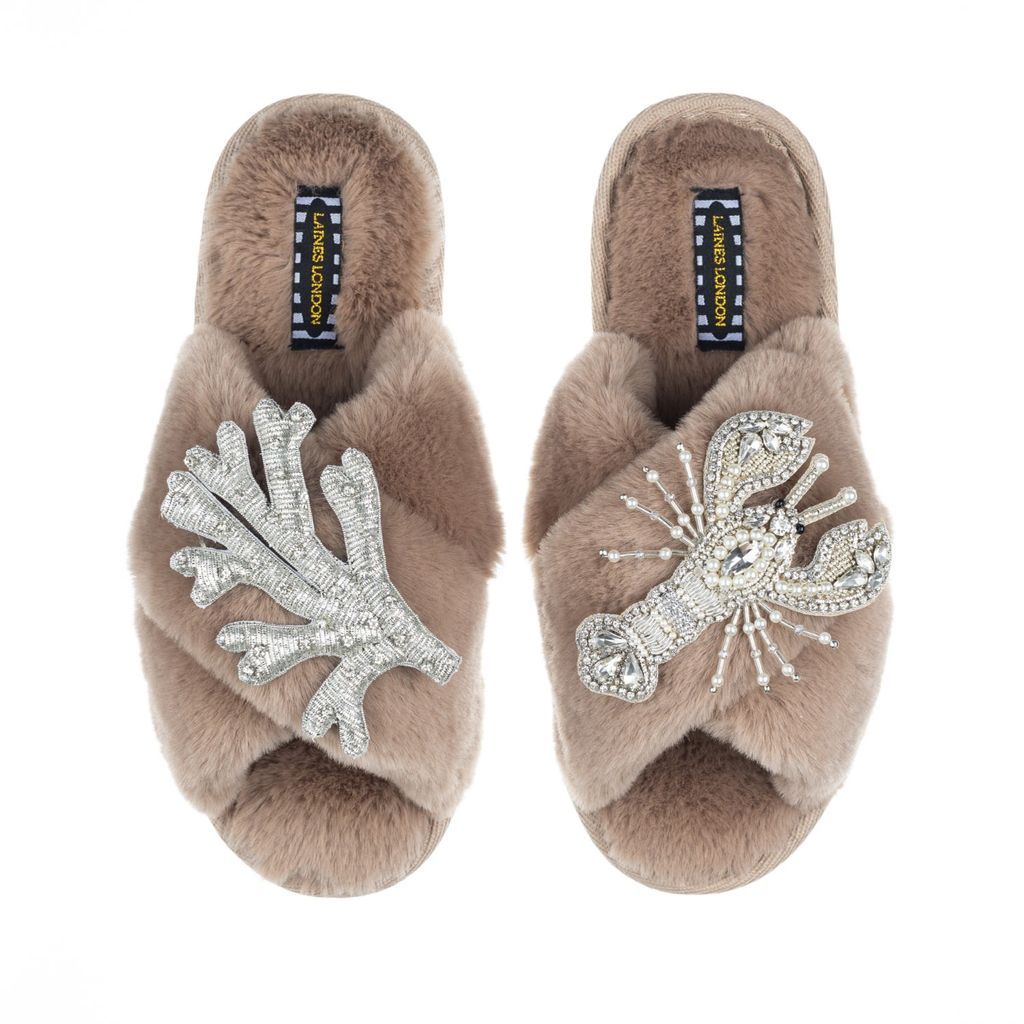 Women's Brown Classic Laines Slippers With Artisan Silver Coral & Lobster Brooches - Toffee Large LAINES LONDON