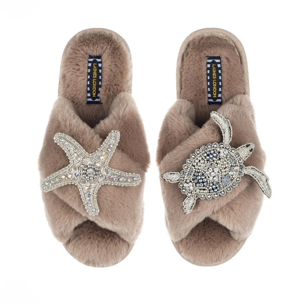 Women's Brown Classic Laines Slippers With Artisan Silver Starfish & Turtle Brooches - Toffee Large LAINES LONDON