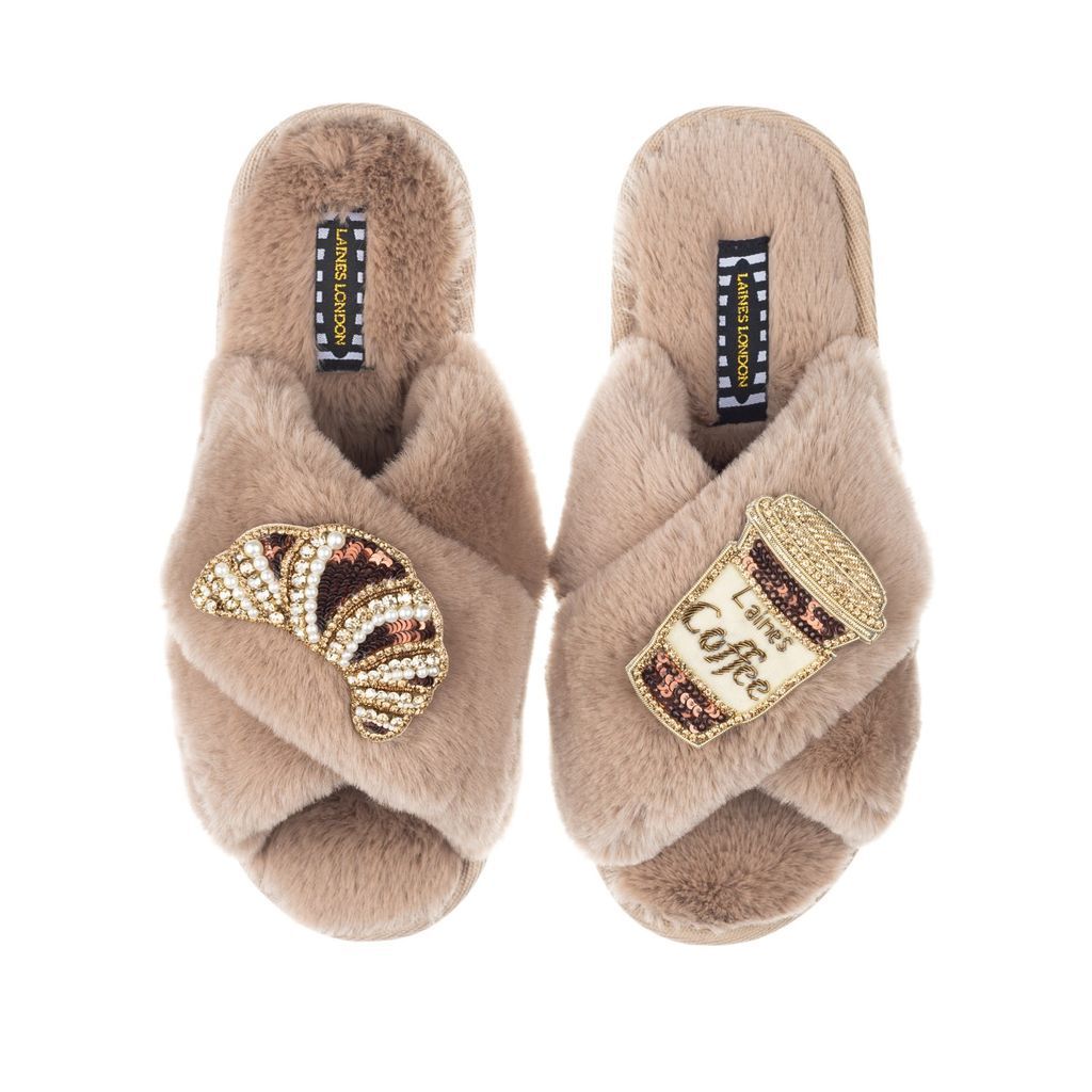 Women's Brown Classic Laines Slippers With Coffee & Croissant Brooches - Toffee Large LAINES LONDON