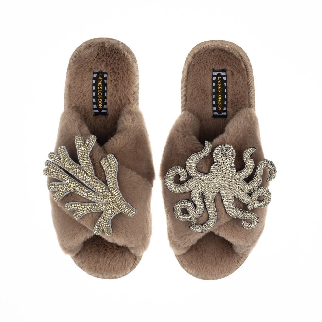 Women's Brown Classic Laines Slippers With Double Artisan Silver Coral & Octopus - Toffee Large LAINES LONDON