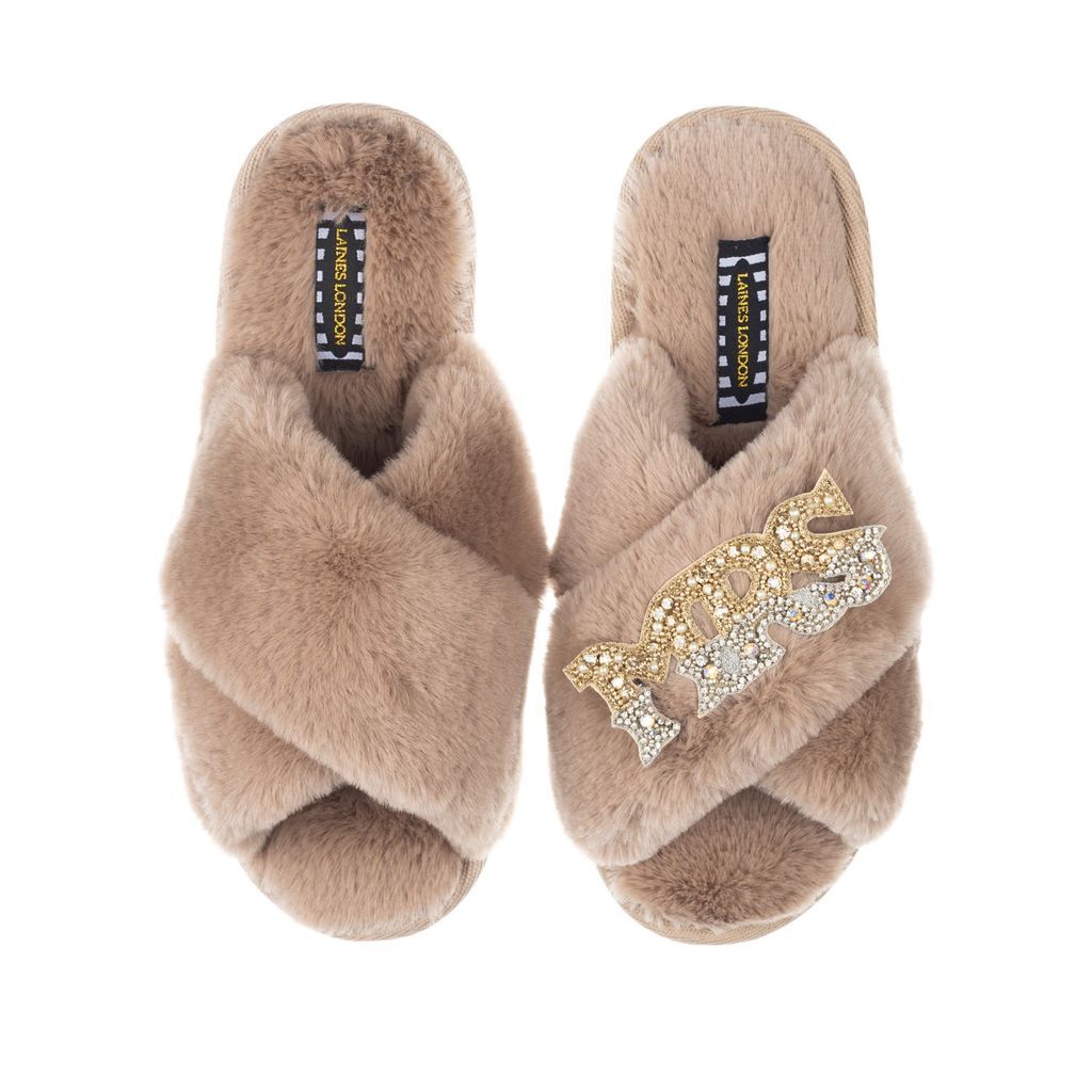 Women's Brown Classic Laines Slippers With Gold & Silver Mrs Brooch - Toffee Large LAINES LONDON