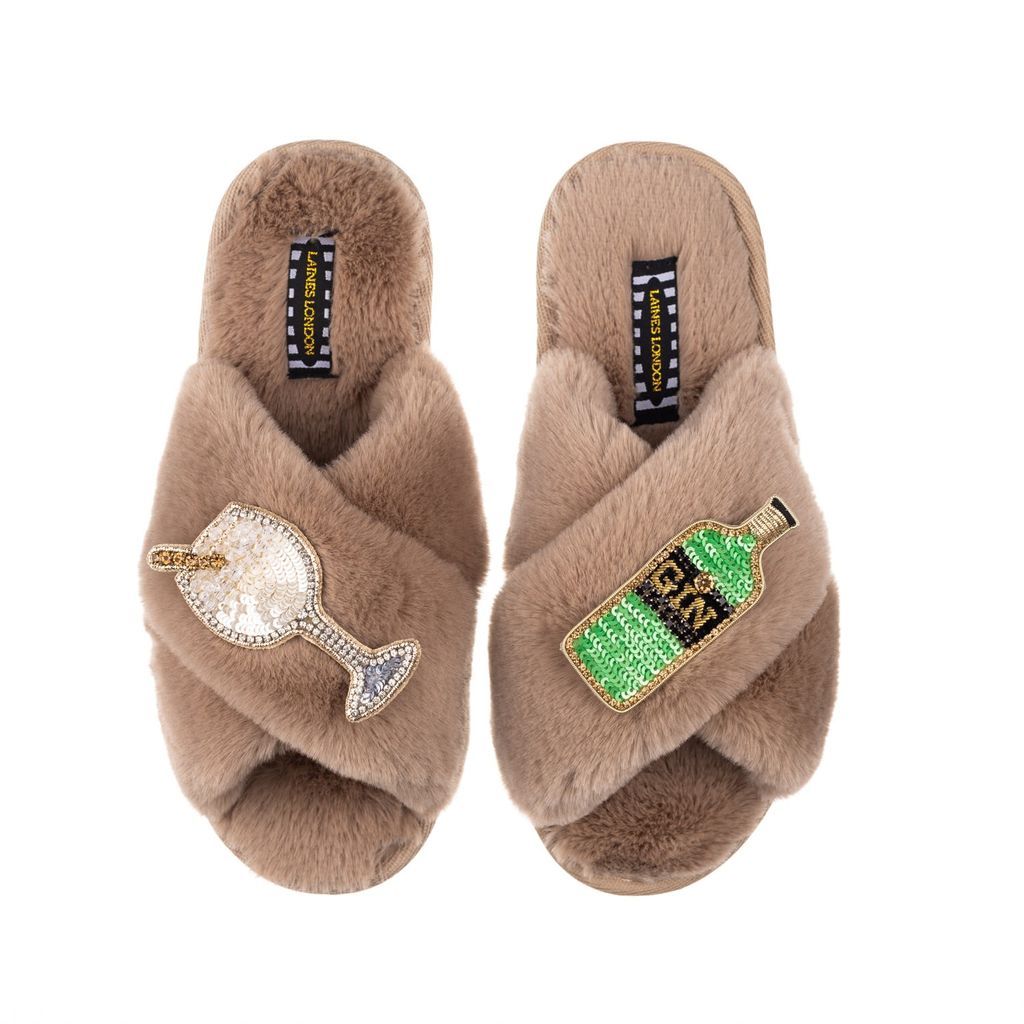 Women's Brown Classic Laines Slippers With Original Gin Brooches - Toffee Large LAINES LONDON