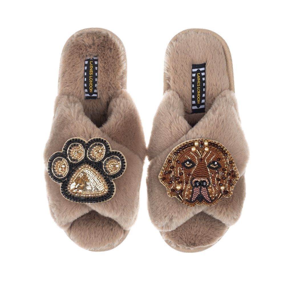 Women's Brown Classic Laines Slippers With Rocco & Paw Brooches - Toffee Large LAINES LONDON