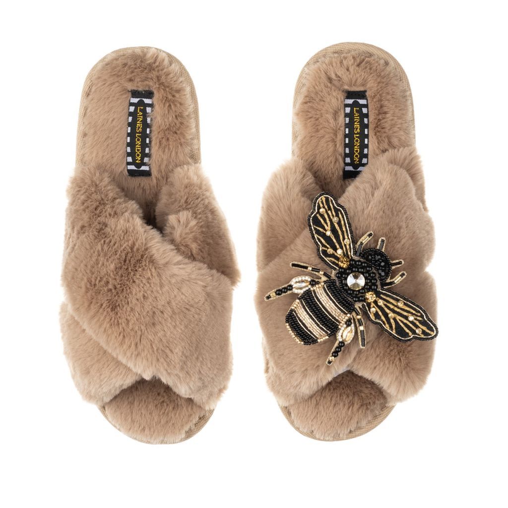 Women's Brown Classic Laines Toffee Slippers With Artisan Golden Honeybee Large LAINES LONDON