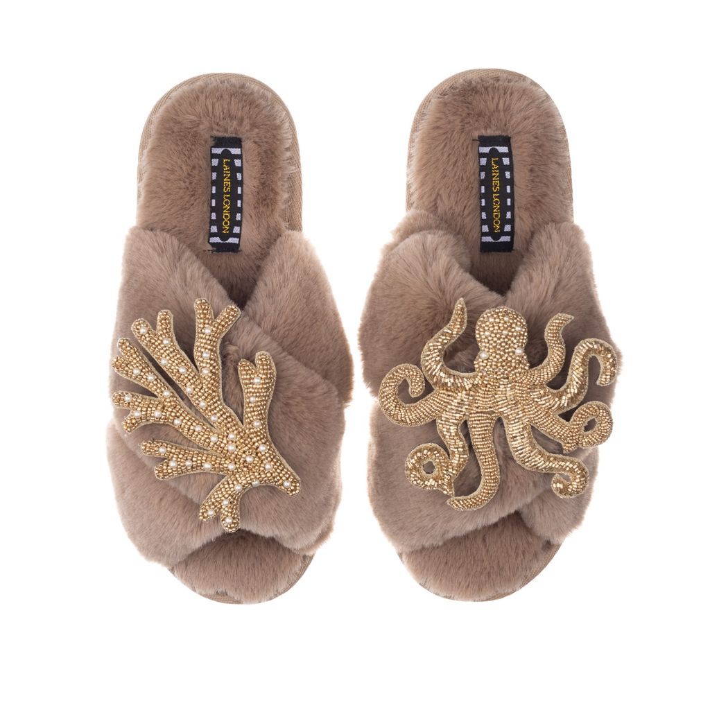 Women's Brown Classic Laines Toffee Slippers With Double Artisan Gold Coral & Octopus Large LAINES LONDON