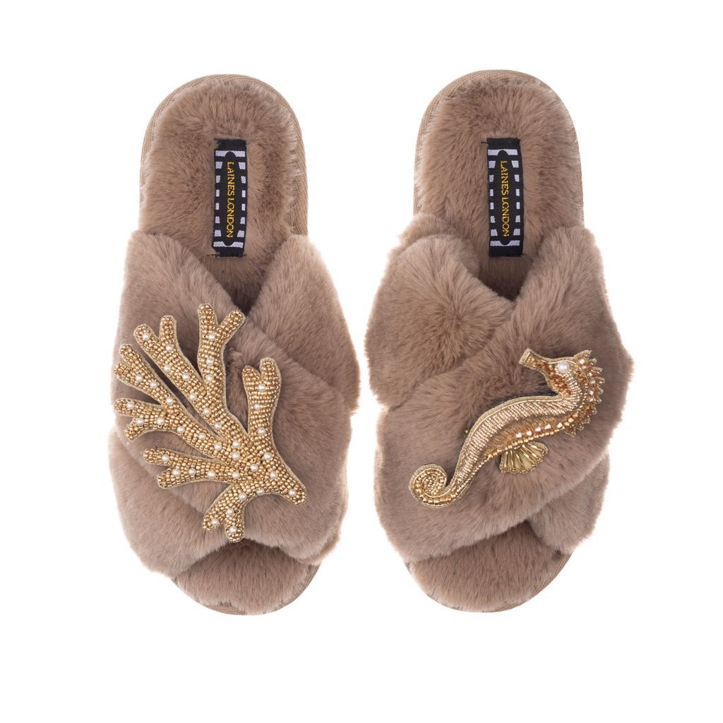 Women's Brown Classic Laines Toffee Slippers With Double Artisan Gold Coral & Seahorse Large LAINES LONDON