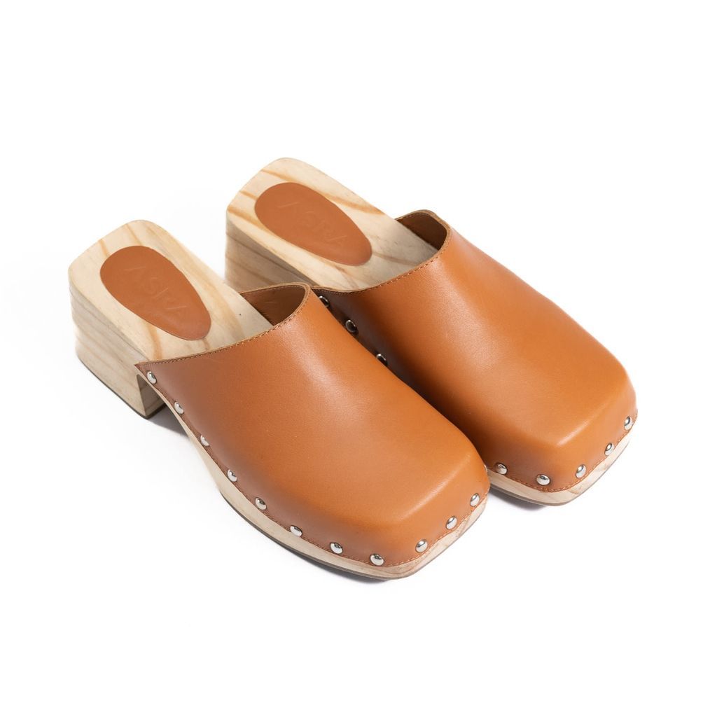 Women's Brown Jude Spice Tan Leather Wooden Studded Clog 3 Uk ASRA