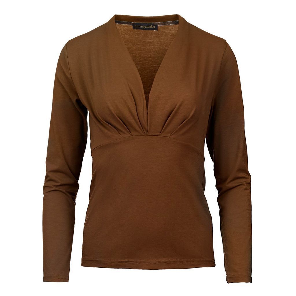 Women's Brown Long Sleeve Chocolate Faux Wrap Top In Stretch Jersey Sustainable Fabric Extra Small Conquista