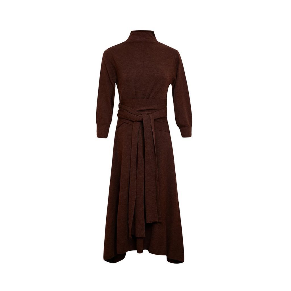 Women's Brown Long Sleeve Wrap Effect Ultrafine Merino Midi Dress Maroon Small CHAMBRE DE FAN