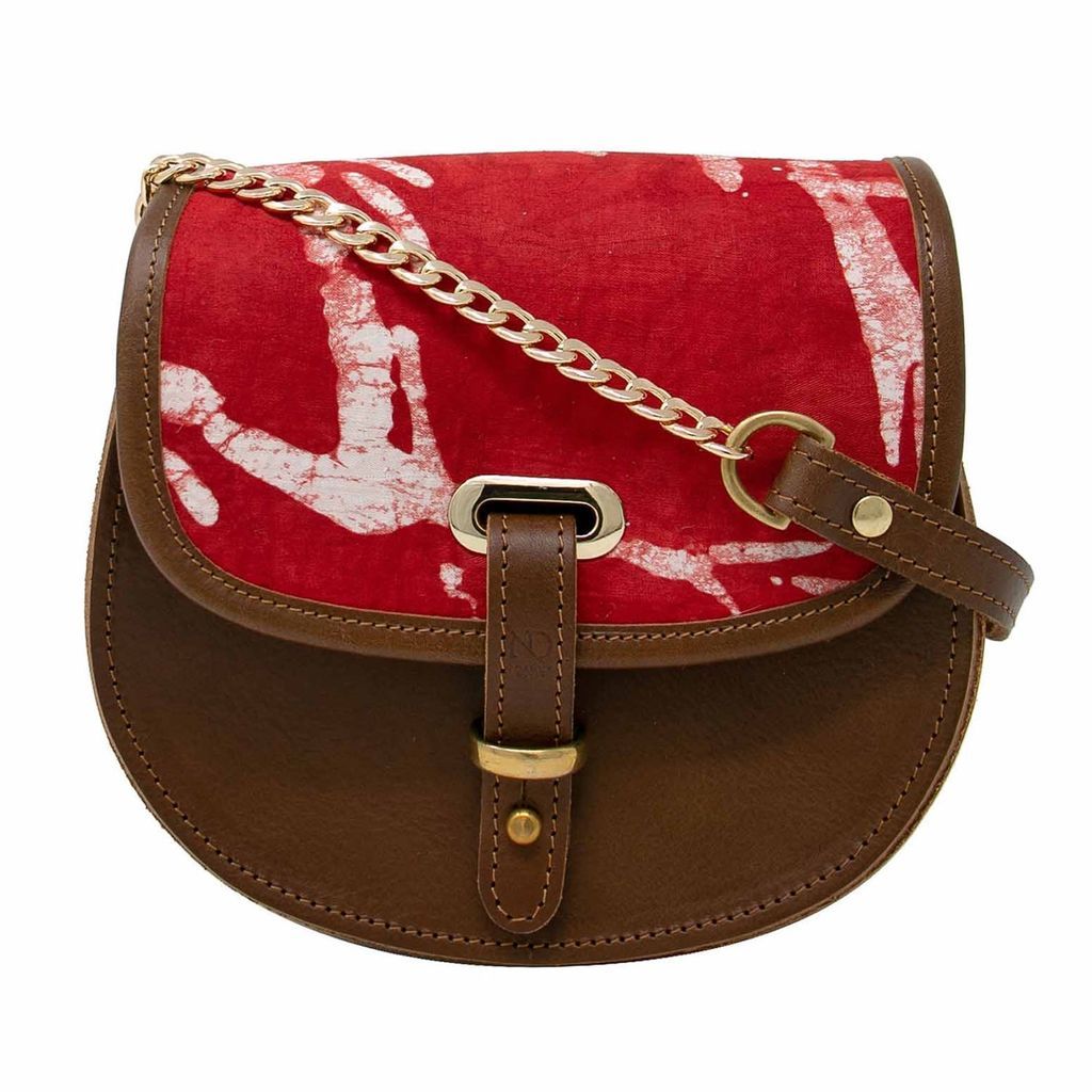 Women's Brown Mini Victoria Amaka Red & White African Print Full Grain Tan Leather Crossbody Saddle Bag With Gold Chain N'Damus London