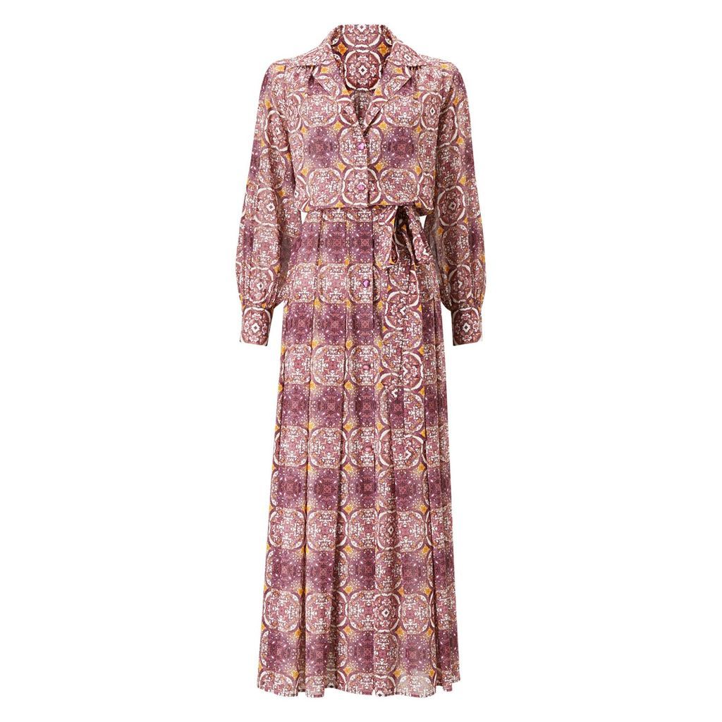 Women's Brown Permata Printed Silk Georgette Long Sleeve Maxi Dress S/M Ipakshi