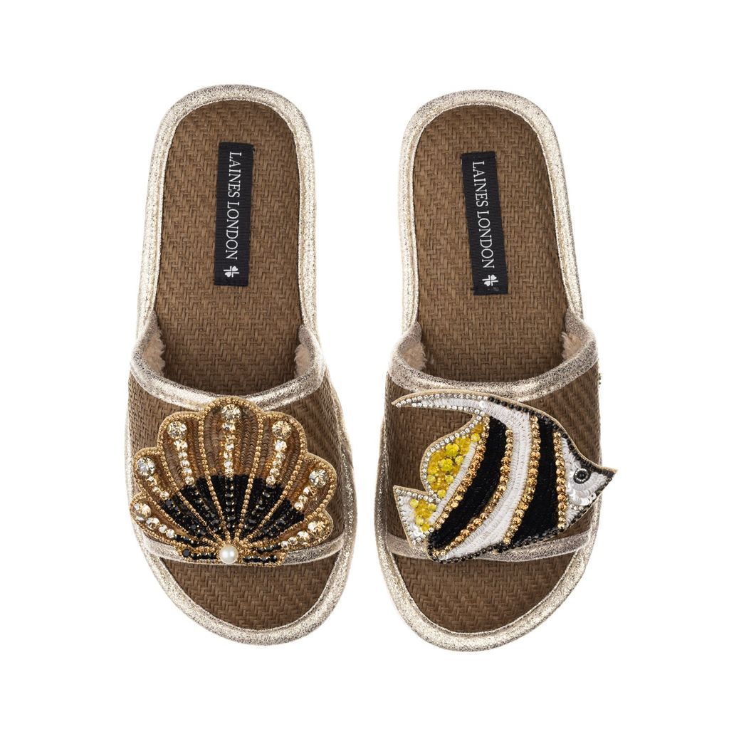 Women's Brown Straw Braided Sandals With Handmade Banner Fish & Black & Gold Shell Brooches - Caramel Small LAINES LONDON