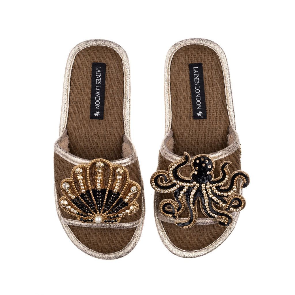 Women's Brown Straw Braided Sandals With Handmade Black & Gold Octopus & Shell Brooches - Caramel Small LAINES LONDON