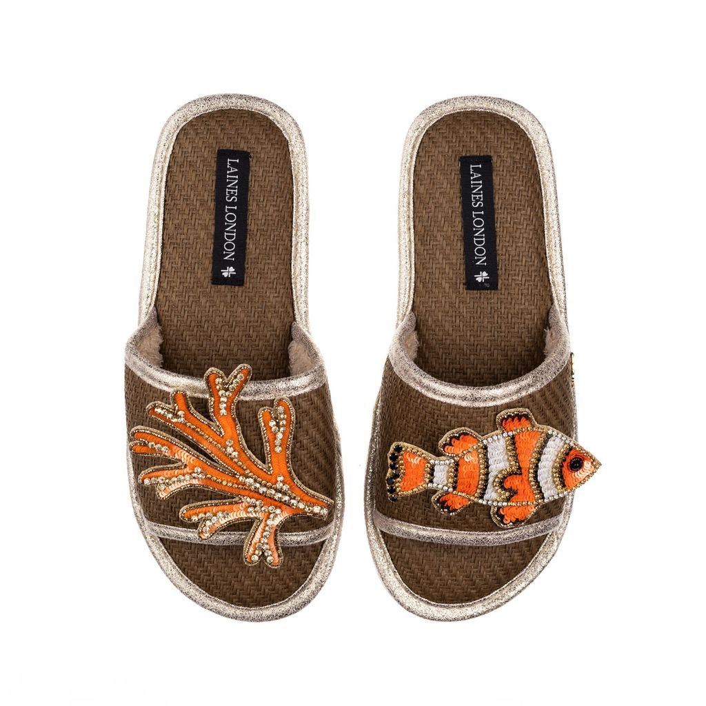 Women's Brown Straw Braided Sandals With Handmade Clownfish & Coral Brooches - Caramel Small LAINES LONDON