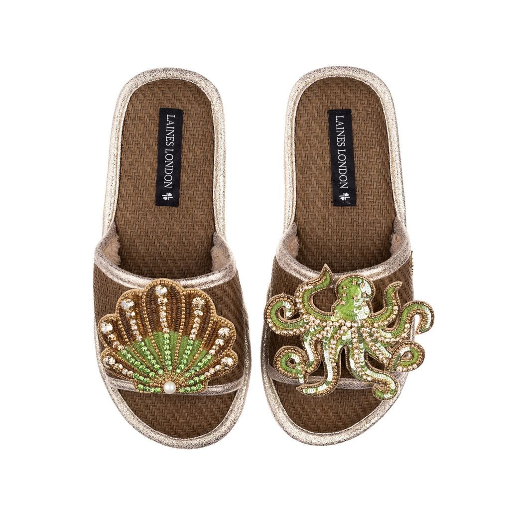 Women's Brown Straw Braided Sandals With Handmade Green & Gold Octopus & Shell Brooches - Caramel Small LAINES LONDON