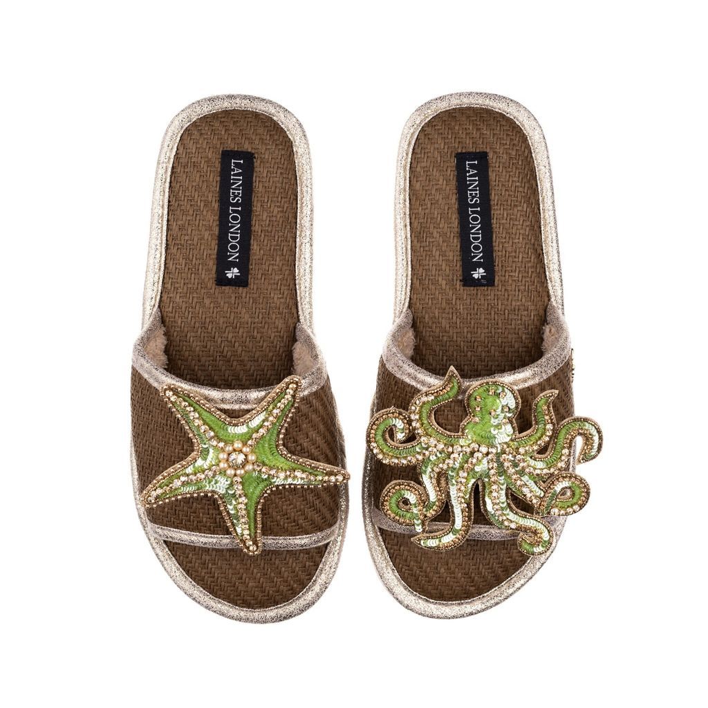 Women's Brown Straw Braided Sandals With Handmade Green Octopus & Green Starfish Brooches - Caramel Small LAINES LONDON