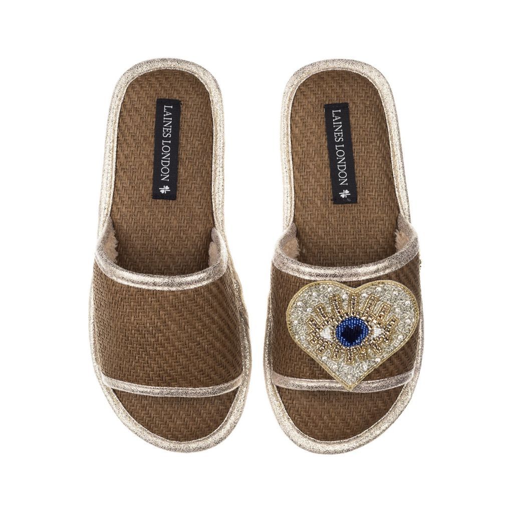 Women's Brown Straw Braided Sandals With Handmade Couture Golden Blue Heart Eye Brooch - Caramel Small LAINES LONDON